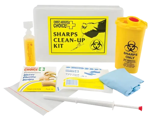 a photo showing the 30042 sharps clean up kit and first aid items it contains