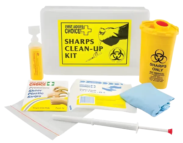 a photo showing the 30042 sharps clean up kit and first aid items it contains
