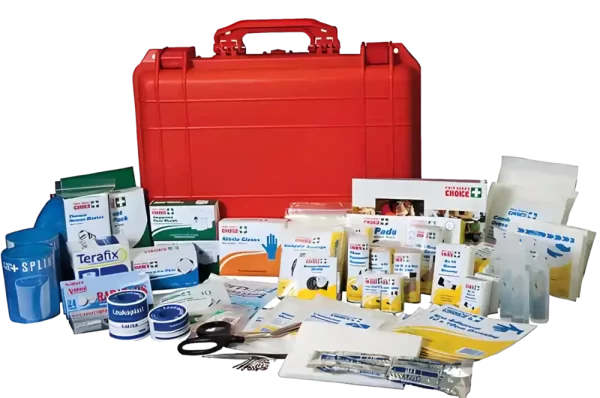 an image of a regulation marine first aid kit with items such as splints, saline, instruction booklets and combine dressings