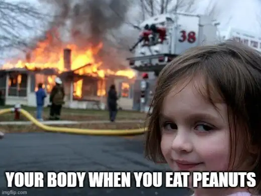 A meme of a person looking suspicious when a house is on fire illustrating the point that the body attacks itself when an anaphylactic reaction happens.