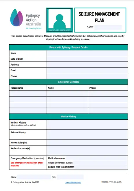An example of what a seizure management plan looks like and the information it includes such as emergency contacts, needed medication and so forth.