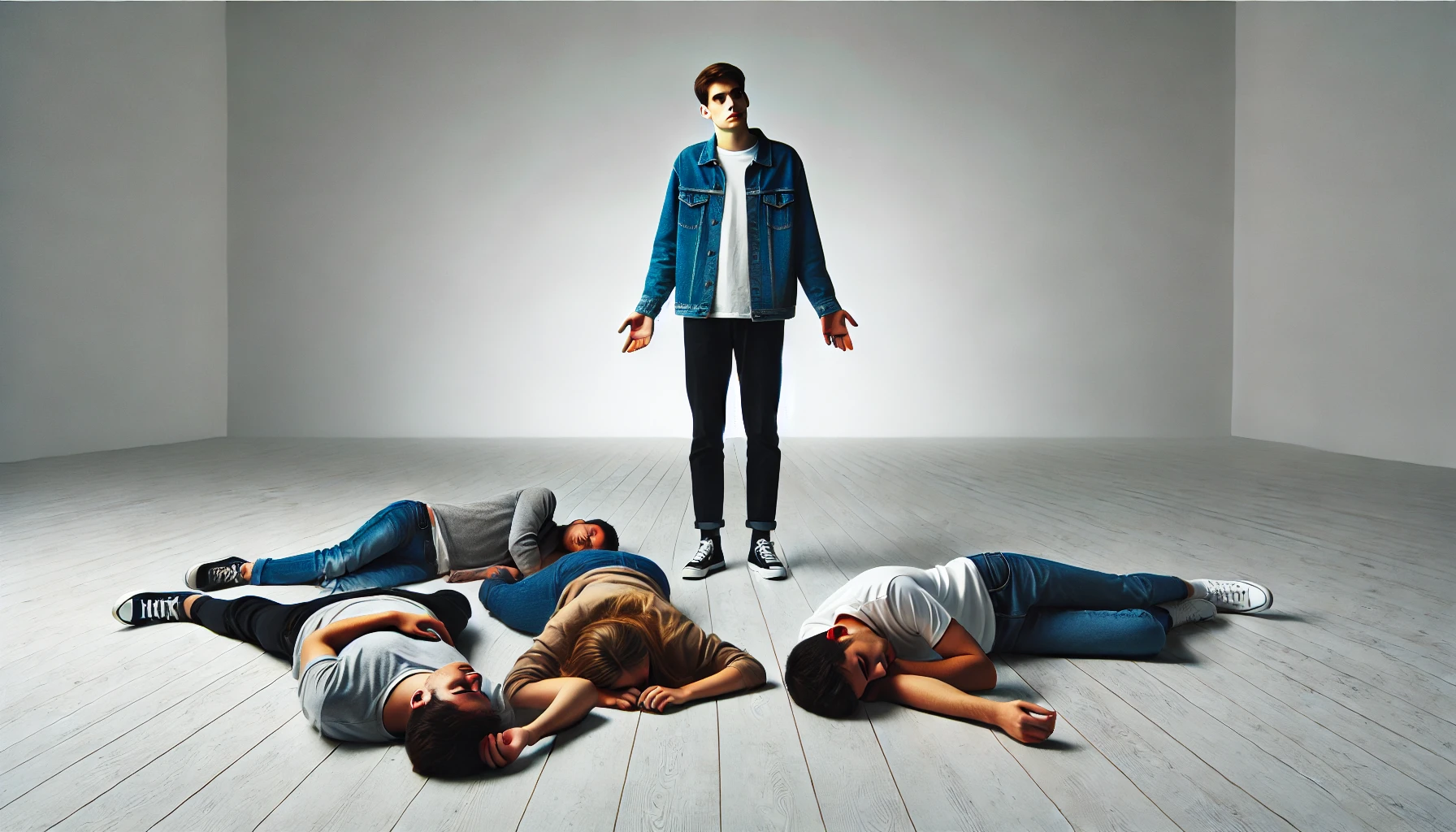A staged scene in a white room with wooden floors. A young man stands in the center, wearing a blue denim jacket, white t-shirt, and dark pants. He has his arms slightly raised, palms up, with a confused or questioning expression. Around him on the floor lie four people - two men and two women - in positions suggesting unconsciousness, as if requiring first aid triage. The standing figure appears to be reacting to or contemplating the situation of the seemingly unconscious individuals on the floor.