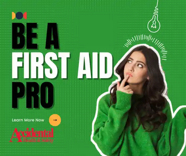 a woman is thinking about first aid. There is text that reads "be a first aid pro"