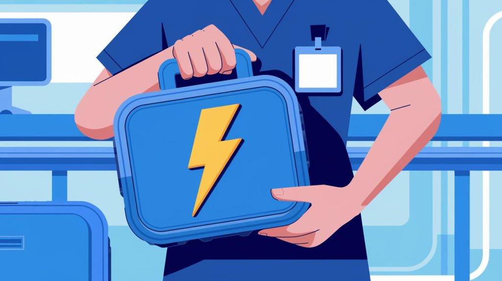 an illustration of someone holding a portable defibrillator in a case with a yellow lightning bolt