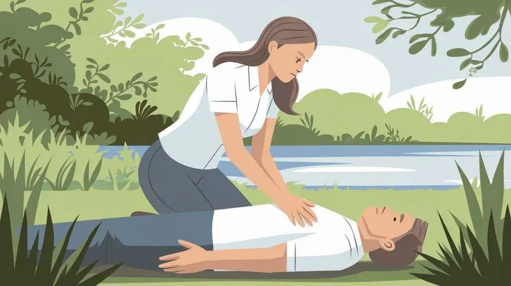 a woman kneels next to a man to give cpr ilustration