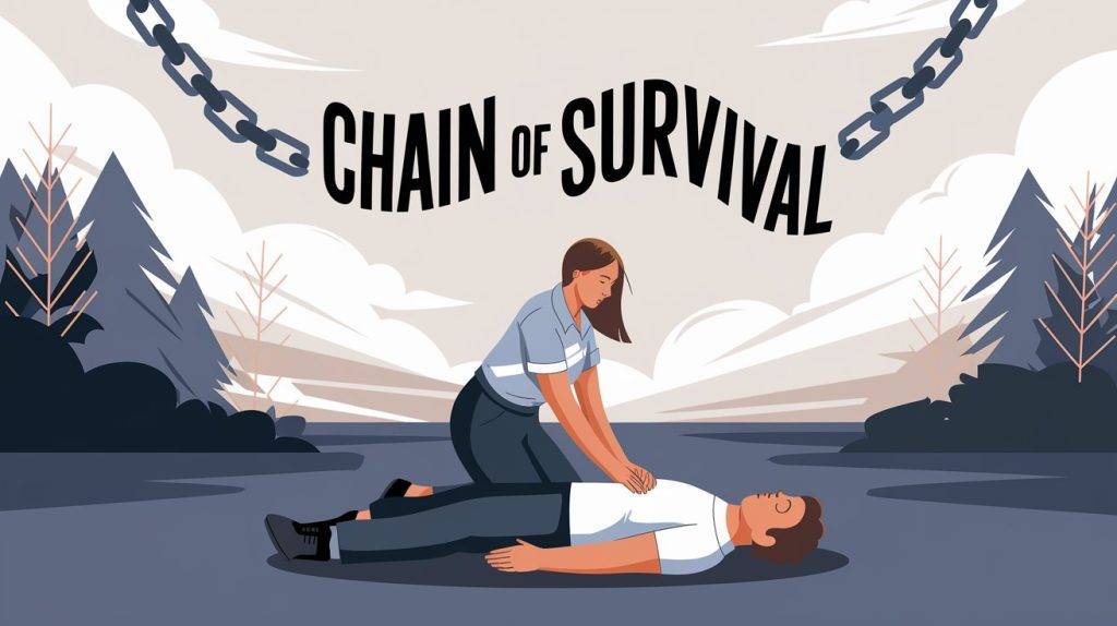 title text reads chain of survival and a digital drawing of a woman giving a man cpr in a forest woodlands area. Learn more in our first aid course