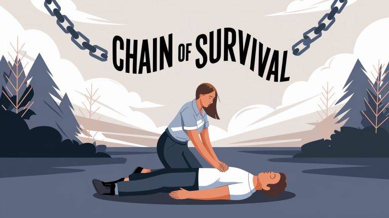 title text reads chain of survival and a digital drawing of a woman giving a man cpr in a forest woodlands area