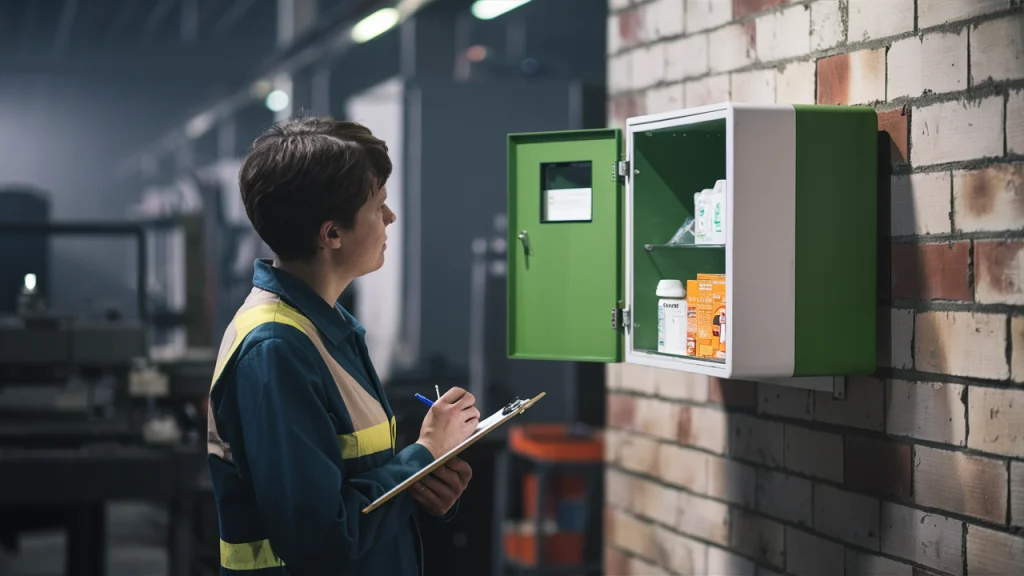 a woman uses a checklist and goes through her work first aid kit