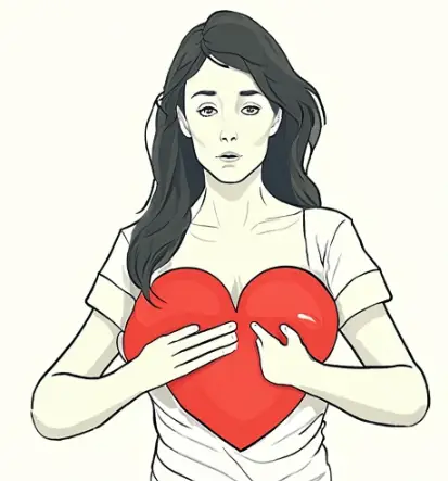 a graphic of a woman holding a large heart