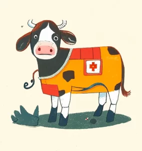 a cartoon of a cow wearing a first aid jumper