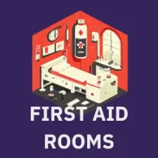 The text first aid rooms and an image of a first aid room