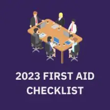 a boardroom meeting and the text *2023 first aid checklist"