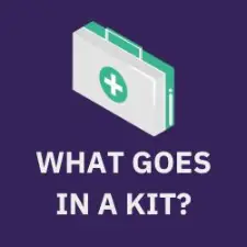 a first aid kit isometric and text what goes in a kit