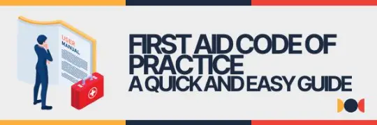 an isometric picture of a first aid kit and a main reading a book with the text first aid code of practice a quick and easy guide