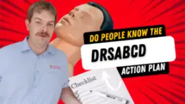 youtube thumbnail of a first aid trainer with a manakin checklist and the text "do people know drsabcd action plan