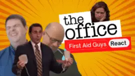 a youtube thumbnail of first aid trainers dispersed with scenes from tcs the office