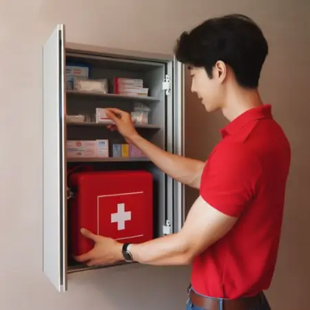  a man services a first aid kit