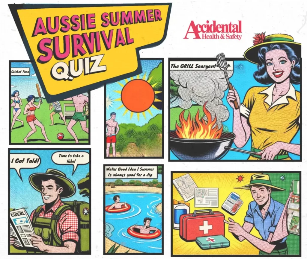 a comic strip 1950s style of australians enjoying summer and of first aid kits