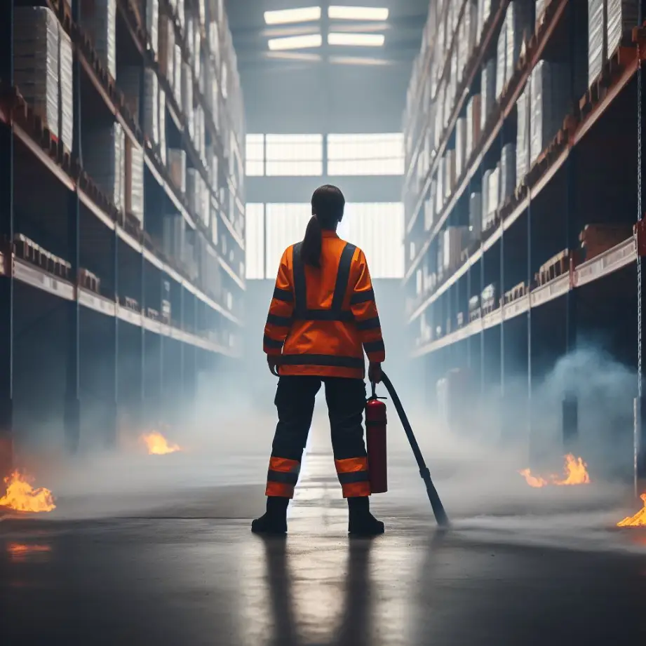 a woman extinguishes a warehouse fire