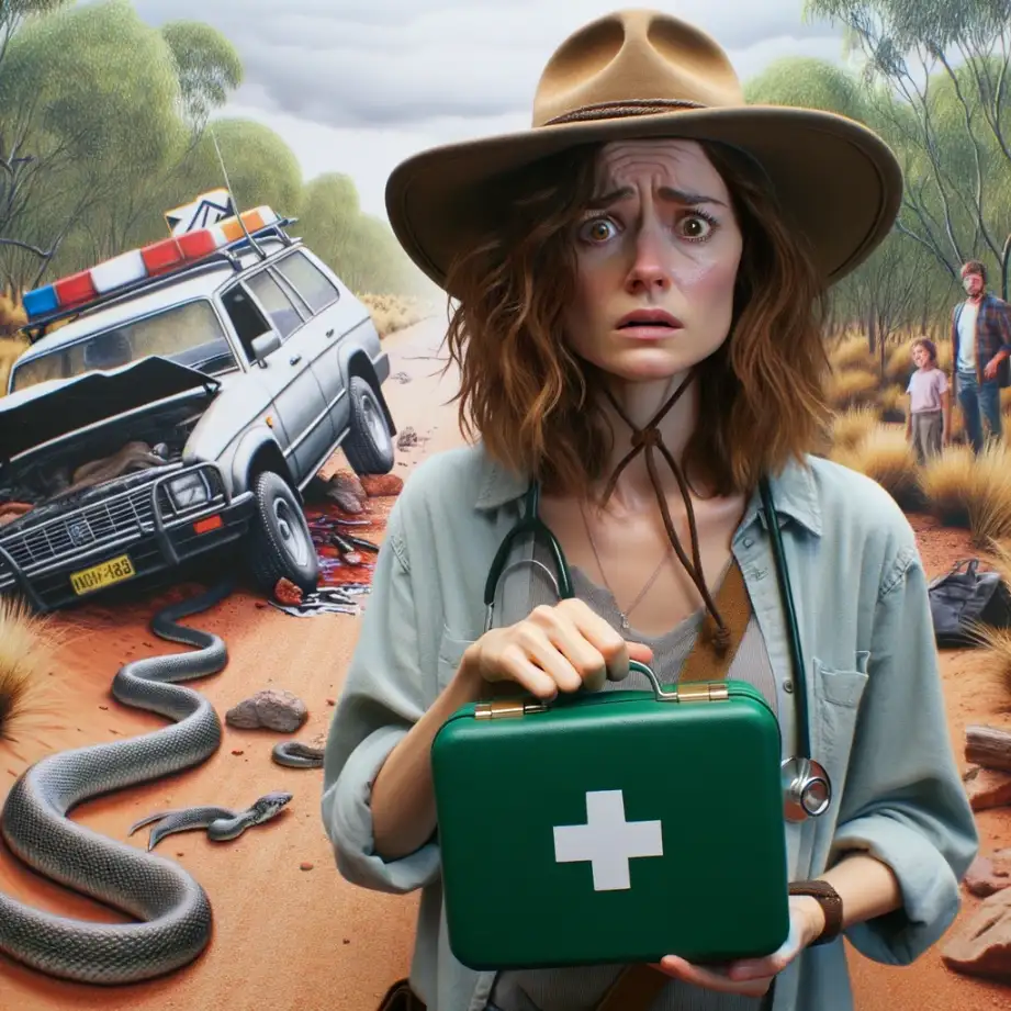 a distressed woman holds a first aid kit up in front of a car crash and multiple snakes in the australian outback