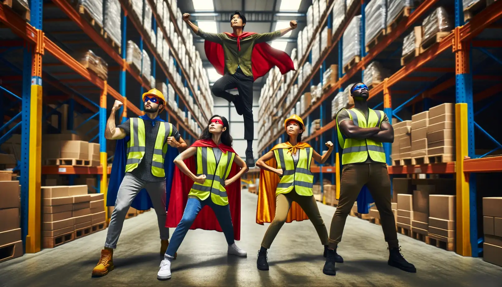 a group of warehouse workers stand in a tough pose. They are wearing superhero capes