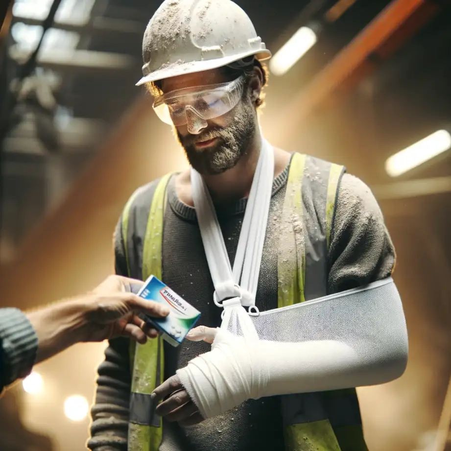 a worker with a bandaged arm is handed paracetemol