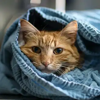 cat wrapped up in blanket at the vet