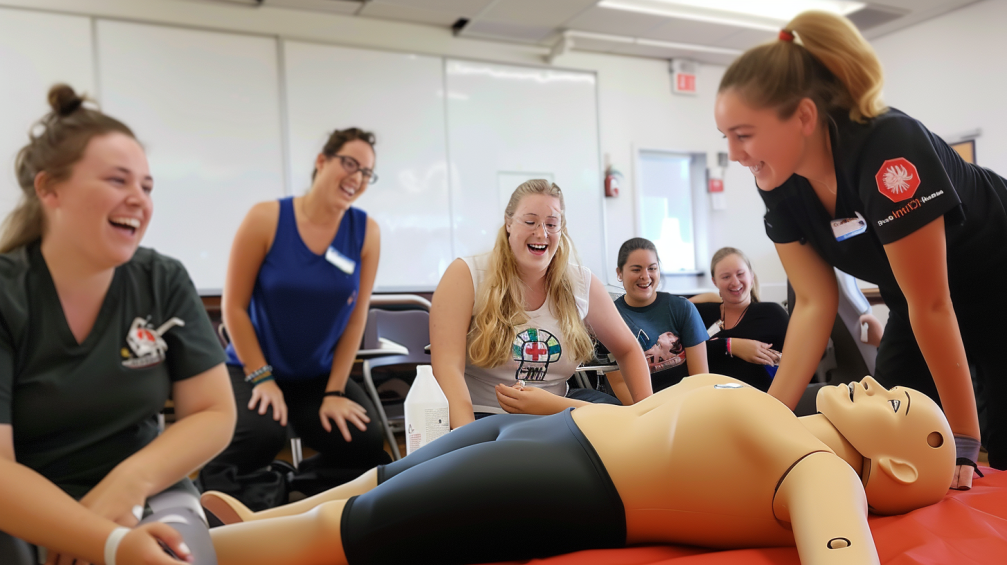 a class laugh at a first aid class as they practice CPR