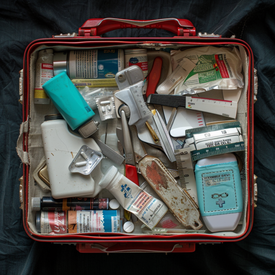image of first aid kit that is gross dirty and contains personal items.