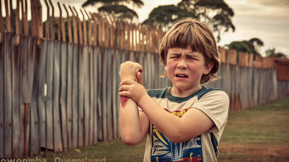 a kid clutches his wrist with a clear deformity and open wound