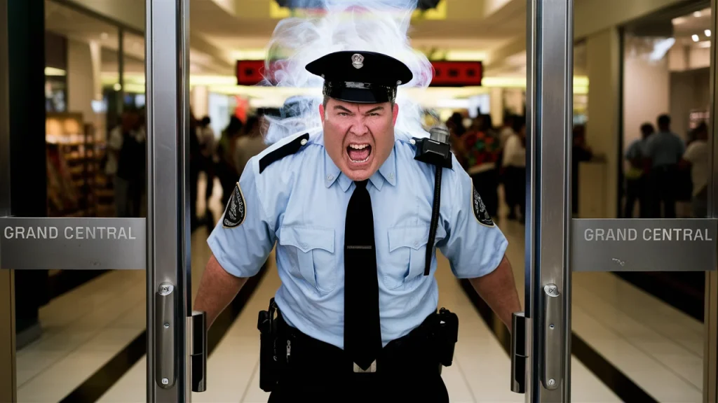 an angry security guard fumes in grand central toowoomba representing anaphylaxis attack on your body