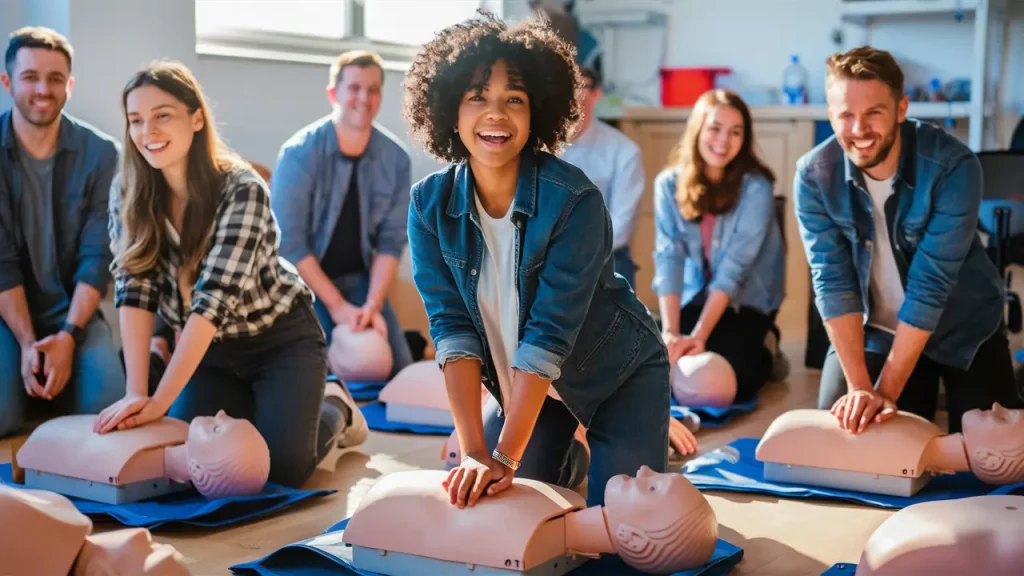 "A group of people participating in a CPR training session, smiling and engaged. The focus is on a woman with curly hair in the center, demonstrating chest compressions on a CPR mannequin. Other participants, both men and women, are practicing the same technique on their own mannequins. The atmosphere is bright and positive, indicating an active and collaborative learning environment