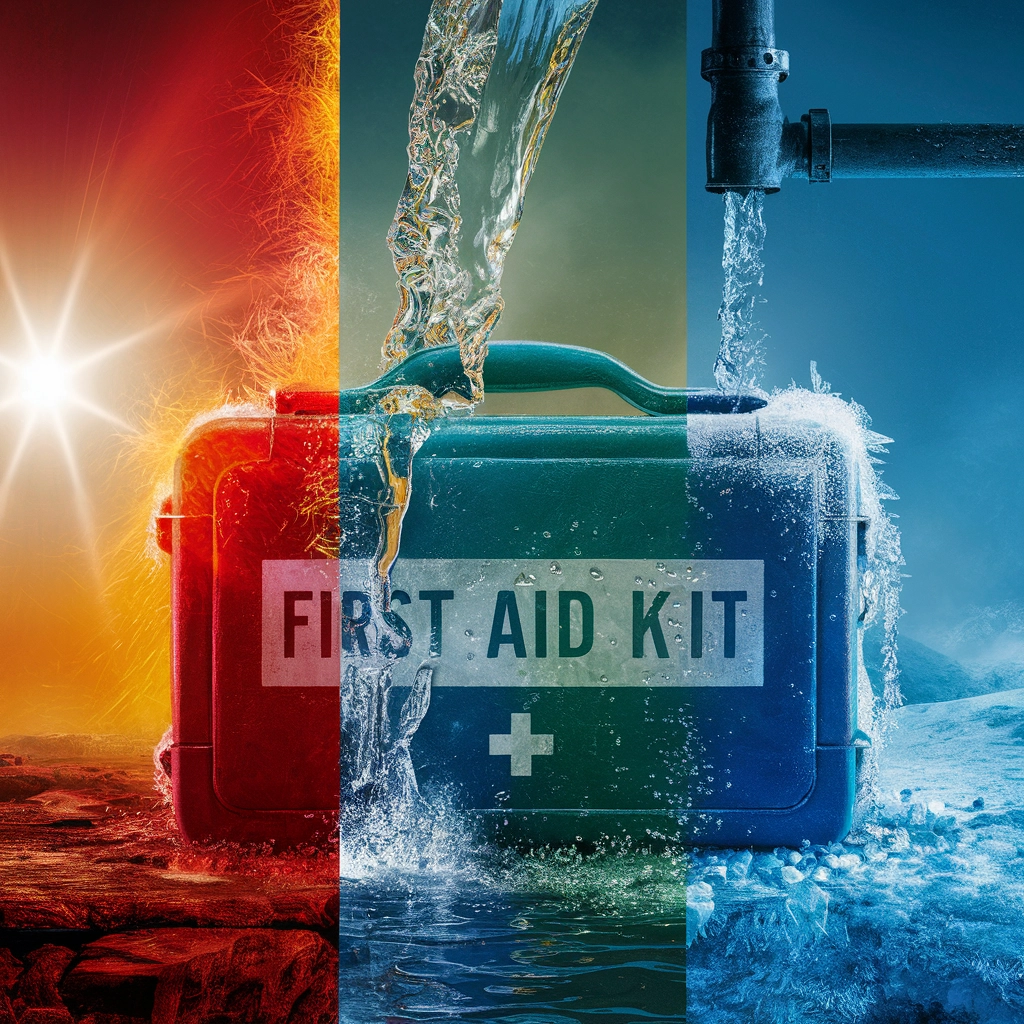 A first aid kit is depicted with three distinct sections, each representing different environmental conditions. The left section shows the kit in a scorching, fiery environment with intense heat and a bright sun. The middle section features the kit under a waterfall, symbolizing a wet, water-logged condition. The right section illustrates the kit in a freezing, icy environment with frost and a frozen pipe, indicating cold temperatures. The first aid kit remains central and prominent throughout these diverse conditions