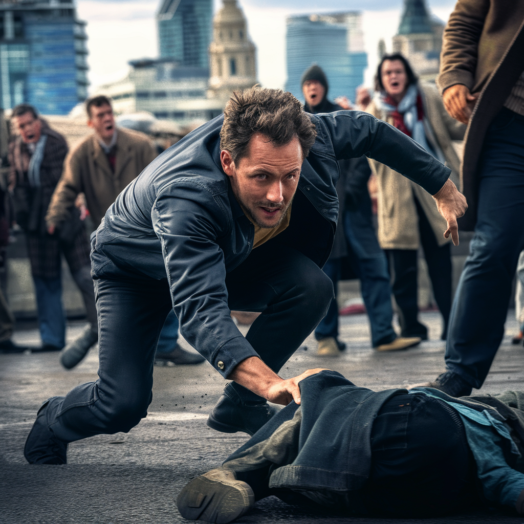 A man crouches on the ground in a city setting, attending to an individual lying down. The background shows concerned bystanders watching the scene unfold