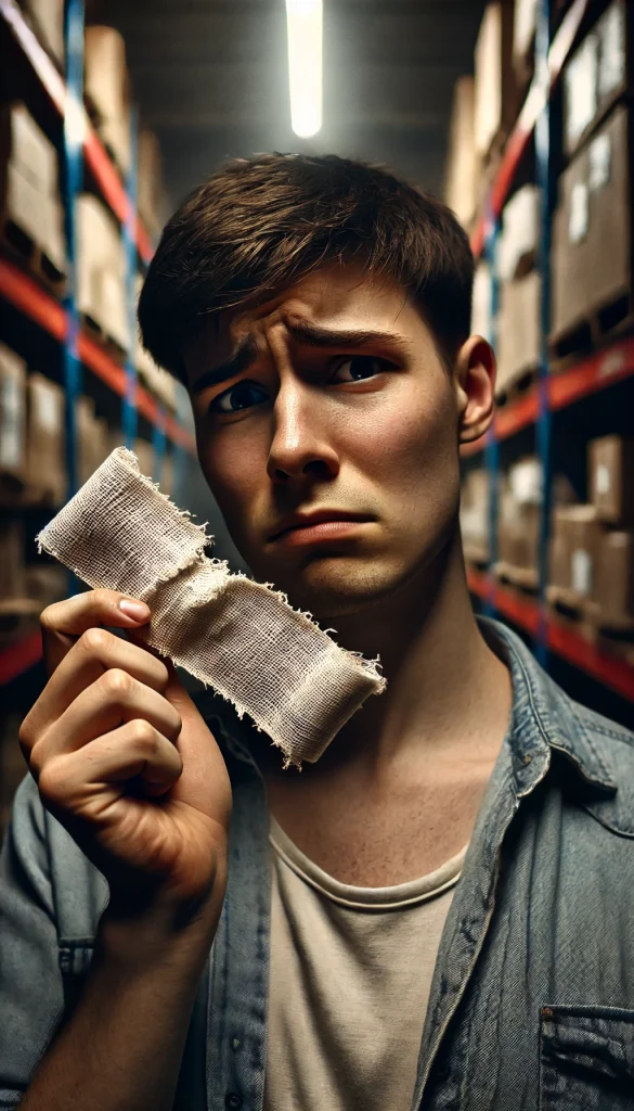 "A person with short hair and a distressed expression holding up a expired first aid bandage in a dimly lit warehouse filled with shelves and clutter. The person's face shows uncertainty and stress, highlighting the significance of the damaged bandage they are holding."





