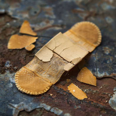 A close-up image of a damaged and worn-out bandaid on a rusted, textured surface. The bandaid is cracked and peeling, with fragments scattered around it