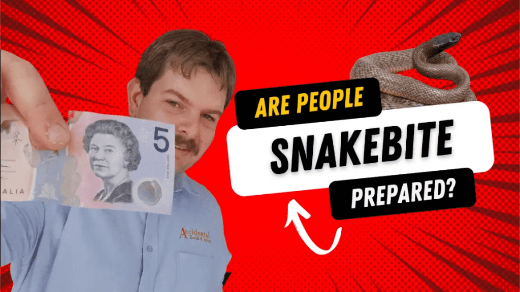 an image of a first aid trainer holding 5 dollars, a brown snake and the text are people snakebite prepared