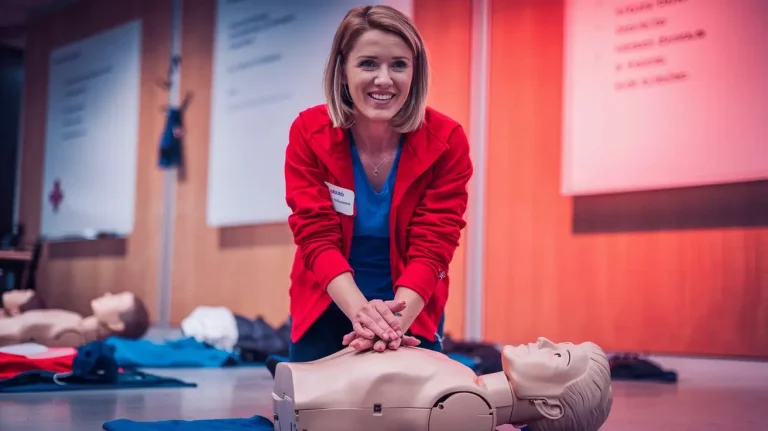 a woman in a red jumper practices cpr in a training room