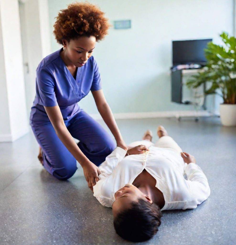 A woman assessing a casualty to see if they need assistance