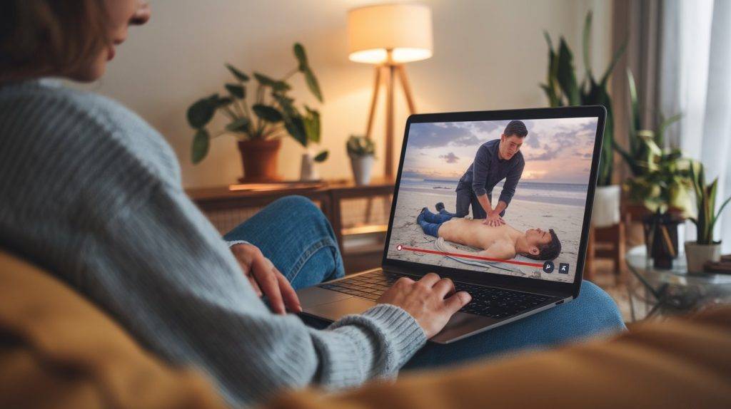 a woman watches a video that demonstrates a man giving CPR