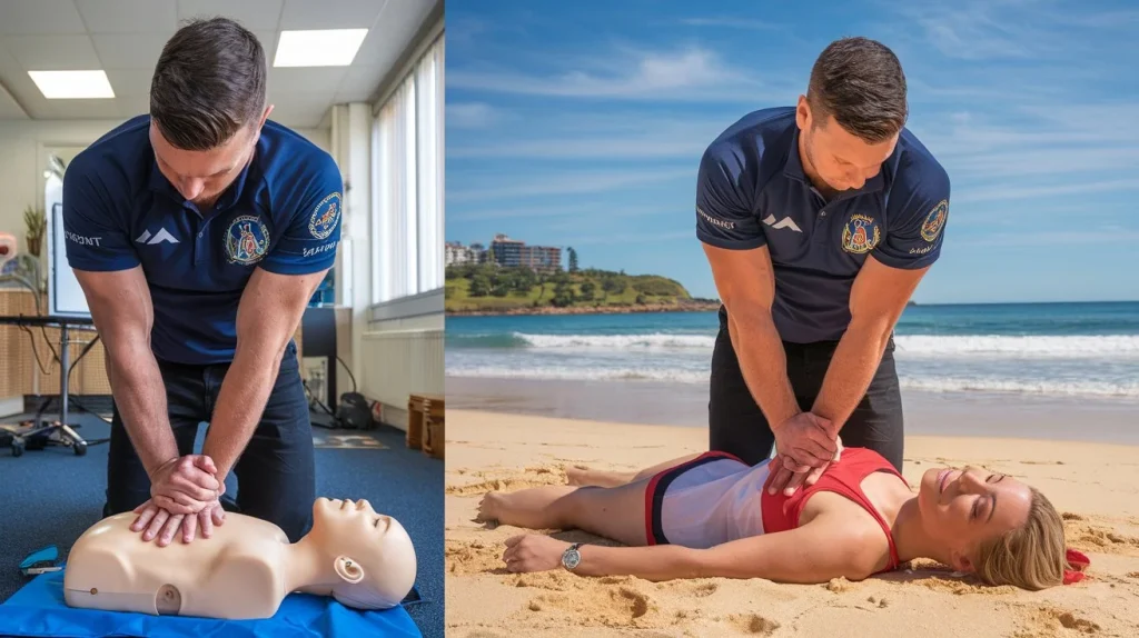 a man practices cpr on a manakin on the left side, on the right side he is in the same pose giving cpr to a woman unconscious at north wollongong beach.