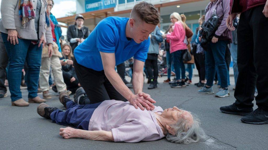 a man in a blue shirt contemplates giving cpr chest compressions to an elderly woman. The woman is frail and unconscious.