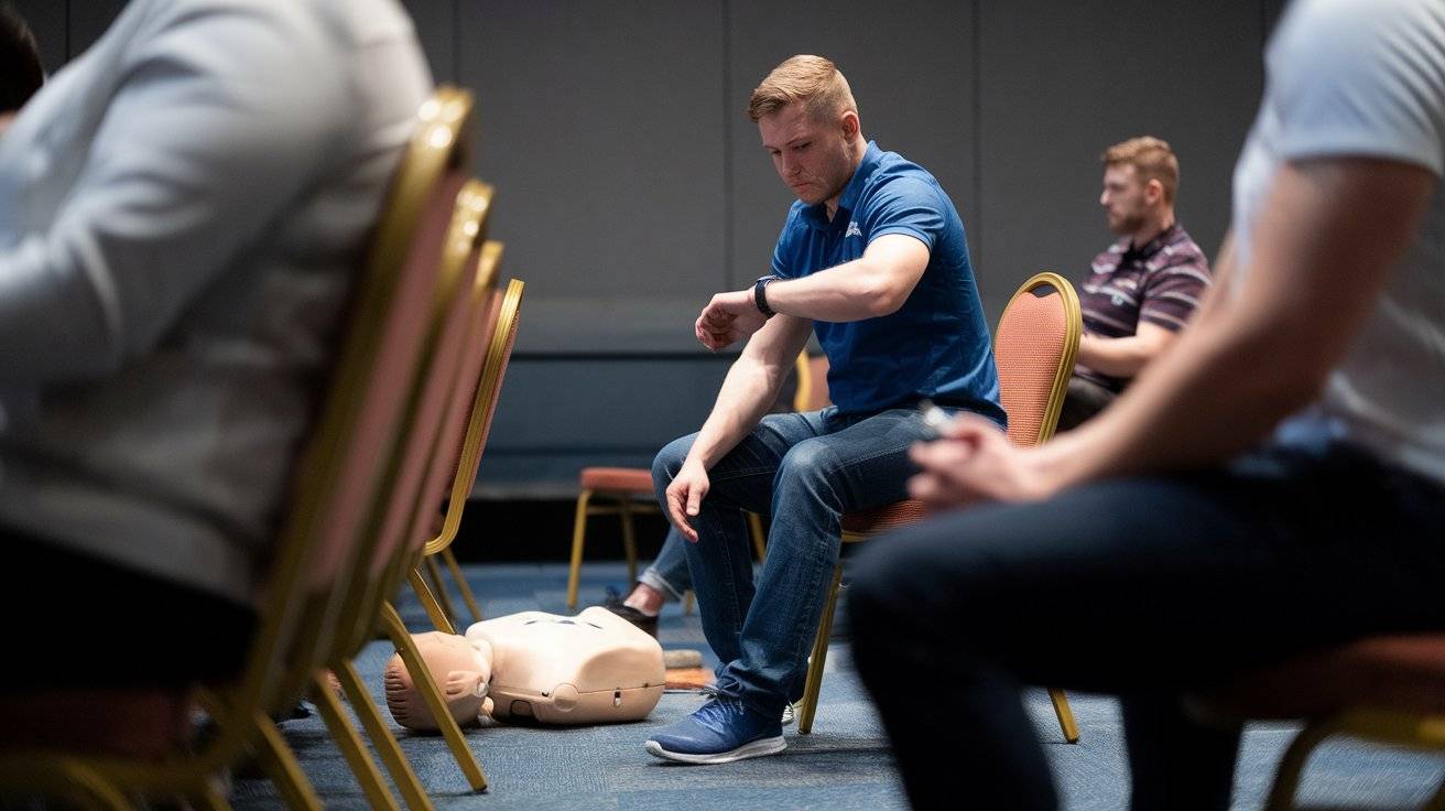 a man at a cpr course looks at his watch wondering when a course will end