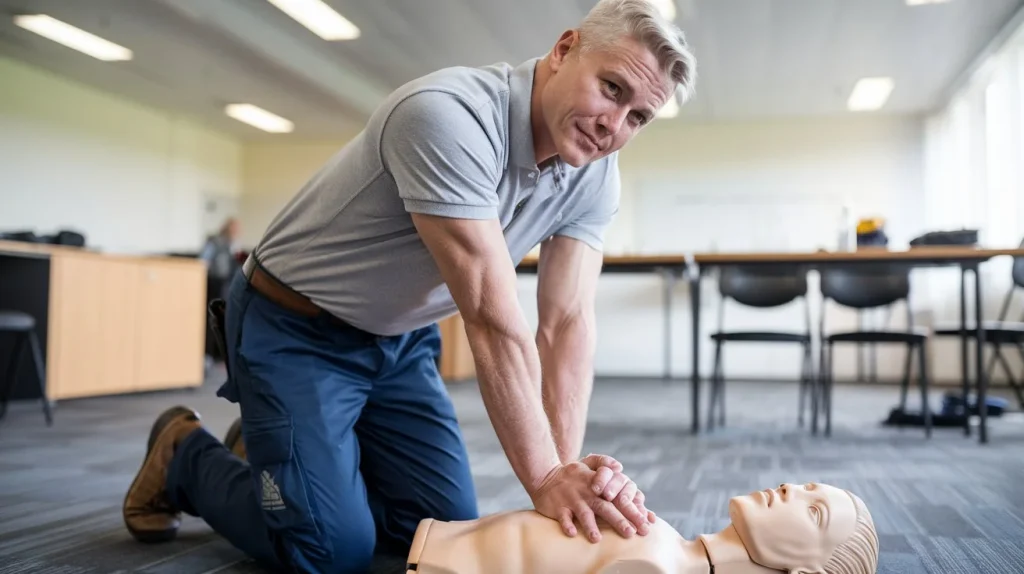 a man practices cpr in a first aid course, in the background is an australian training room.