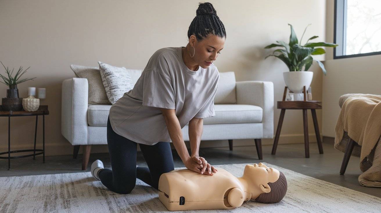 a woman giving cpr is wearing comfortable clothing including an oversized tees and leggings in a training room