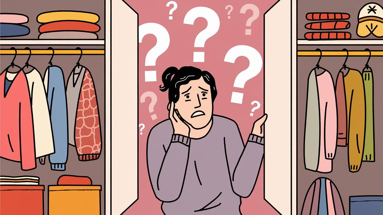 a woman looks in her wardrobe questioning what to wear illustration