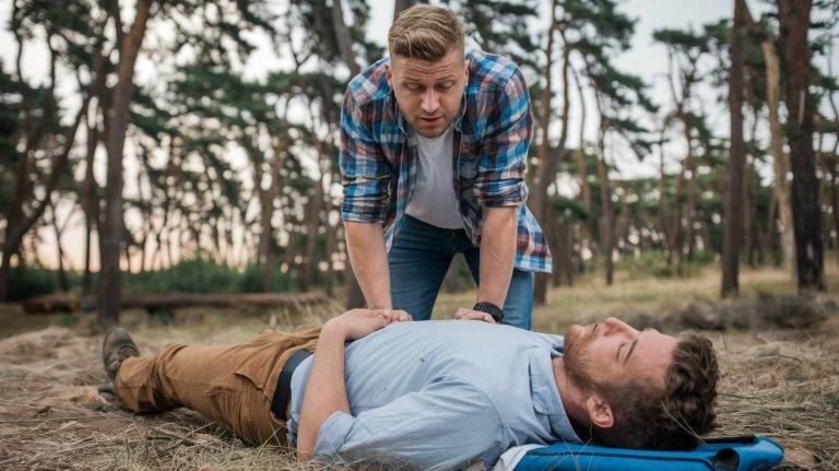 A photo of a man lying unconscious on the ground, needing CPR. A man stands over him, looking stressed and confused. The background is a forest with tall trees.