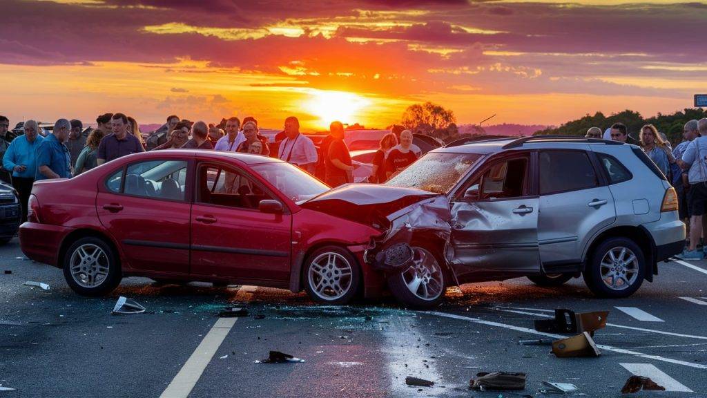 two cars crashed into each other at sunset