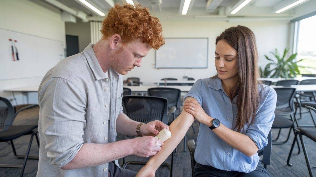 A man practices rolling a bandage on a womans arm