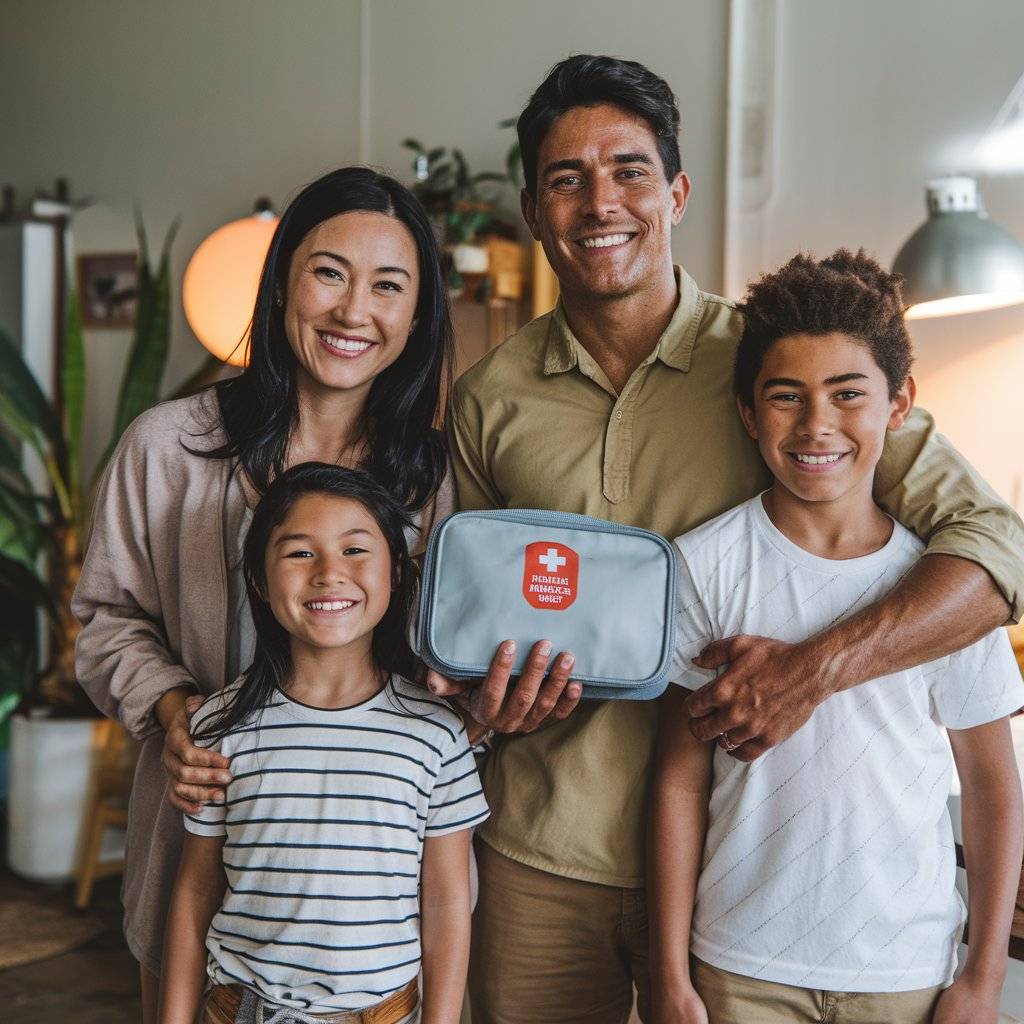 A photo of a happy family with a first aid kit